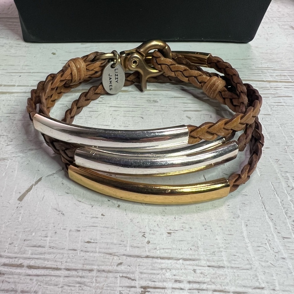 Lizzy James Double Strand Gold Silver & Brown Leather Wrap Around Bracelet D13